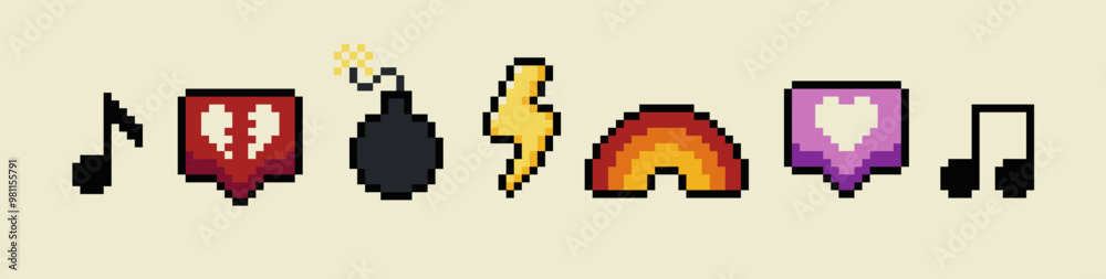 A set of pixels elements. Y2k trendy stickers. Mood of 90's aesthetics. 8-bit retro style vector illustration. Neon background. Trendy geometric brutalism UI. A set of pixels elements. Y2k trendy stickers. Mood of 90's aesthetics. 8-bit retro style vector illustration. Neon background. Trendy geometric brutalism UI.