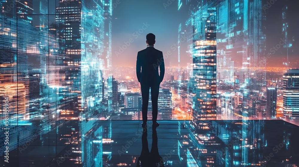 Futuristic Cityscape at Night with Illuminated Skyscrapers and Neon Lights