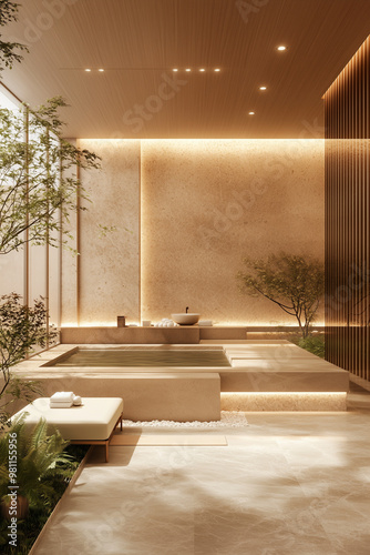 Modern Japandi spa design, combining natural materials like wood, stone, and bamboo with warm and cool tones; the spa features minimalist treatment rooms, lush relaxation areas