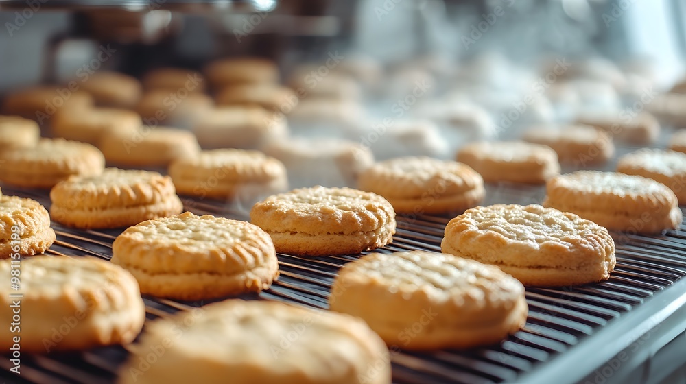 Butter cookies being filled with red jam in the machine at the factory
