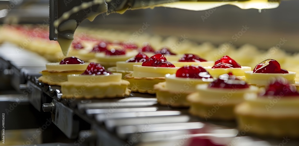 Butter cookies being filled with red jam in the machine at the factory Butter cookies being filled with red jam in the machine at the factory