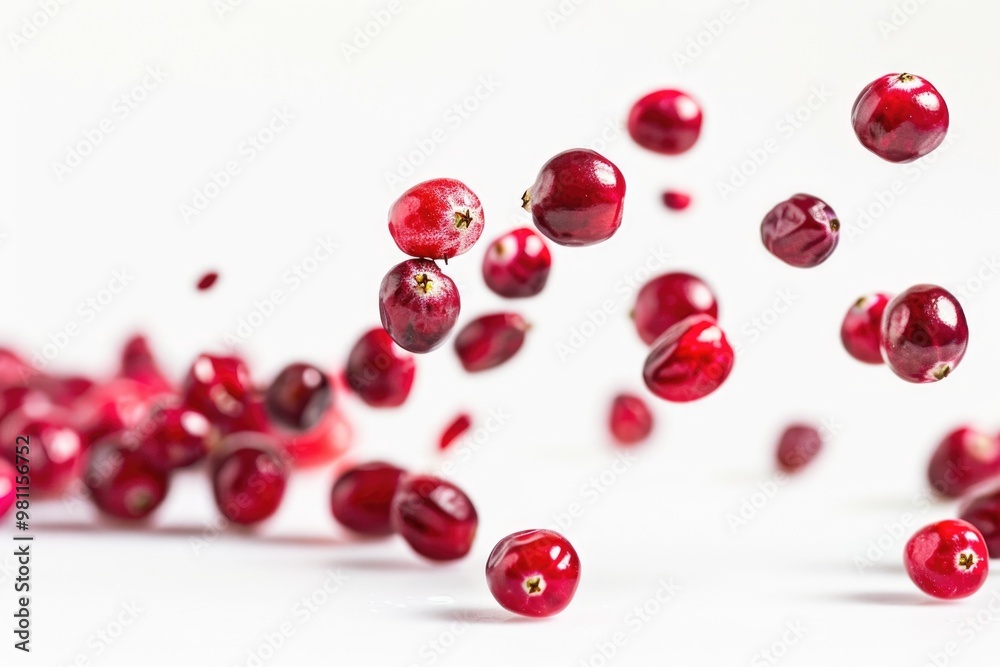 A burst of fresh cranberries suspended in the air, ideal for use in food, nature or seasonal compositions A burst of fresh cranberries suspended in the air, ideal for use in food, nature or seasonal compositions