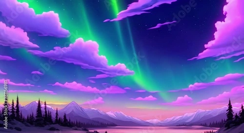 Aurora Lights Glowing in the night sky of northern pole 4K Anime Style