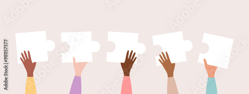 Hands of people of different nationalities and skin tones holding up white puzzle pieces. Flat vector illustration