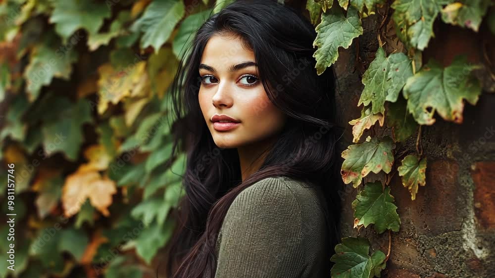 A young woman poses against a brick wall covered in greenery during a sunny day in an urban setting A young woman poses against a brick wall covered in greenery during a sunny day in an urban setting