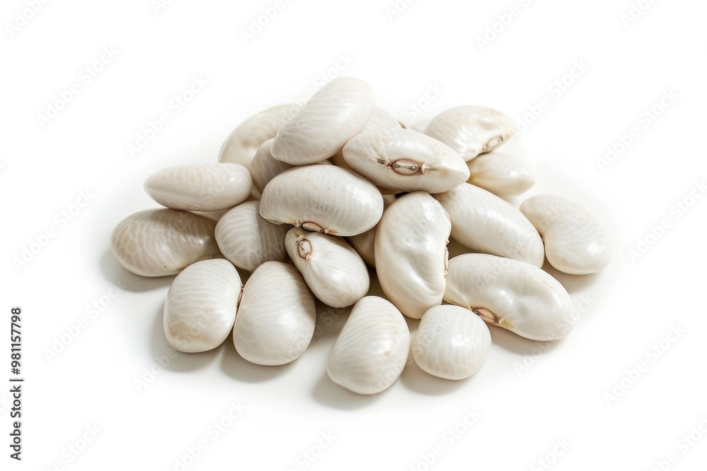 A pile of white beans on a clean white surface, great for food or scientific illustrations A pile of white beans on a clean white surface, great for food or scientific illustrations