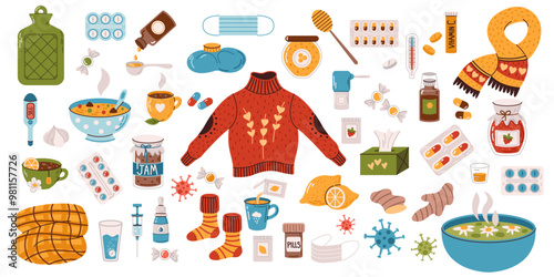 A set of remedies for the cold season, isolated on a white background. Flu and colds, treatment at home. Vector. Flat style