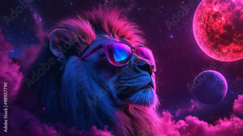 an astronaut lion with sunglasses in space photo