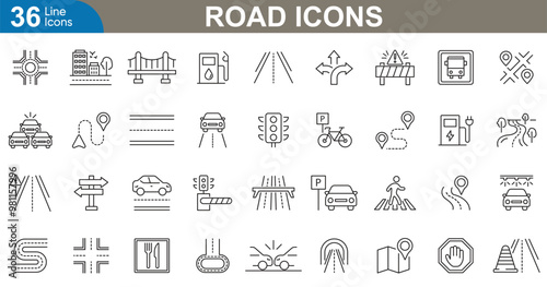 Road outline icons set. Traffic, highway, direction, arrows, GPS, stop, parking, vehicle, bus, lights and more. vector illustrator.
