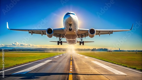 Airplane Taking Off at Sunset Over a Runway