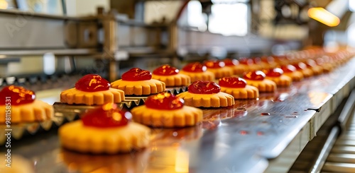 Butter cookies being filled with red jam in the machine at the factory