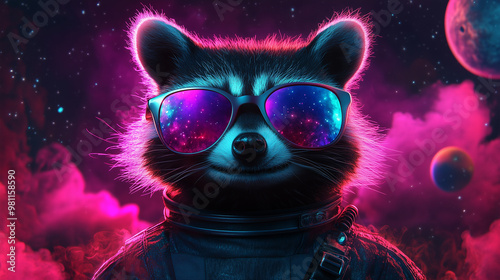 an astronaut raccoon with sunglasses in space photo