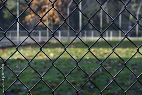 A chain link fence with a green park in the background, perfect for outdoor scenes and settings