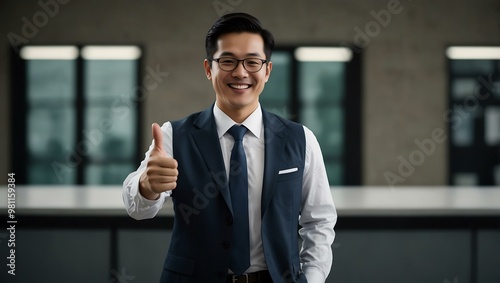 Asian businessman holding a file board and giving a thumbs-up.