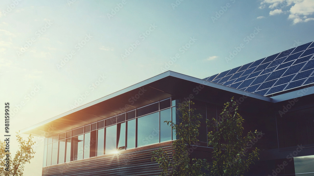 Solar panels on the roof of a modern building, harvesting alternative energy from the sun Solar panels on the roof of a modern building, harvesting alternative energy from the sun