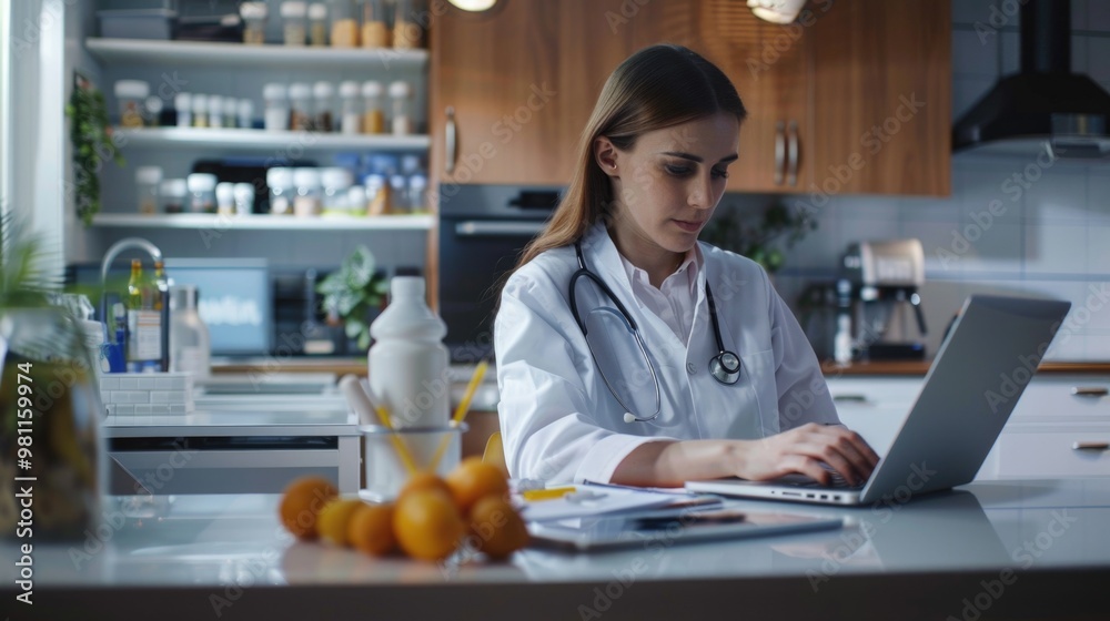 Scientist typing away on laptop in a laboratory environment, ideal for medical or scientific illustrations Scientist typing away on laptop in a laboratory environment, ideal for medical or scientific illustrations