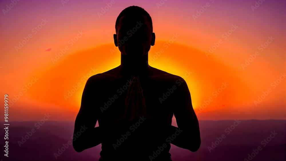 Silhouette of a meditative man with buddhism elements, chakras and aura, in dhyana or samadhi mudra, lit by a light source creates sharp contrast, conveys calmness, peace and reflection Silhouette of a meditative man with buddhism elements, chakras and aura, in dhyana or samadhi mudra, lit by a light source creates sharp contrast, conveys calmness, peace and reflection