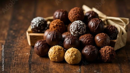 Assorted gourmet chocolate truffles on a wooden background.