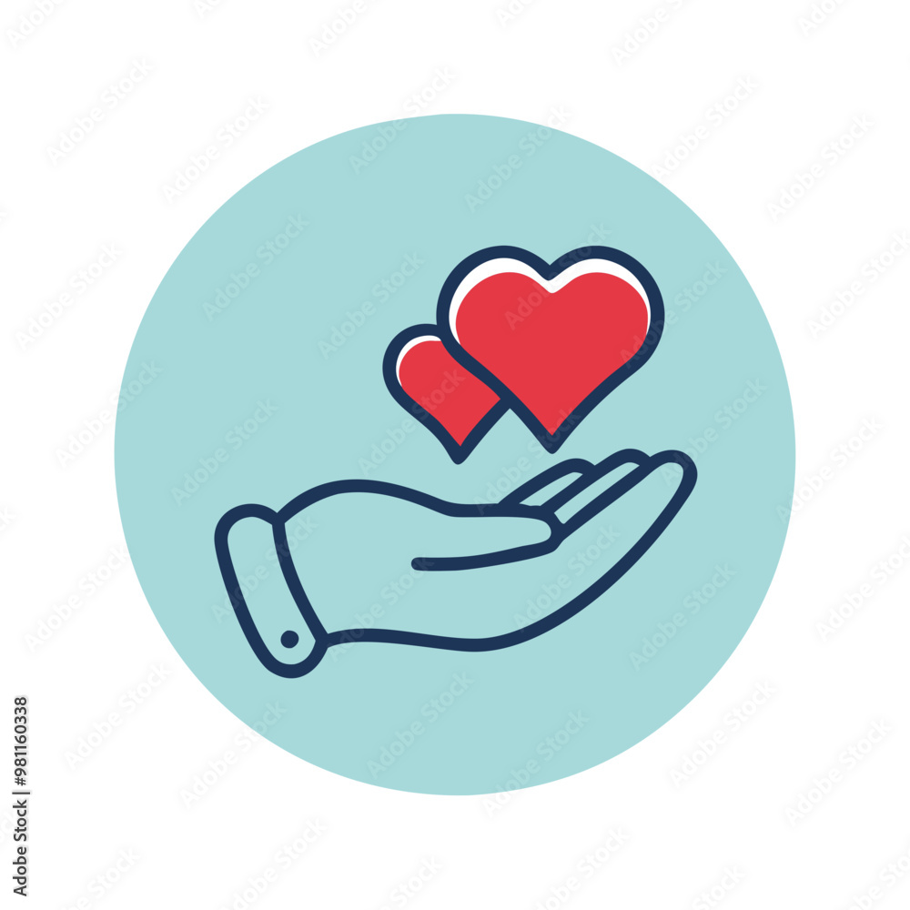 Icon of a hand holding hearts representing love and care on a light blue background
Icon of a hand holding hearts representing love and care on a light blue background