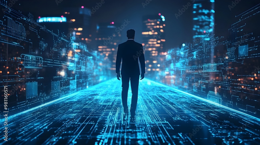 Futuristic City Landscape at Night with Glowing Digital Lights and Data Flows Futuristic City Landscape at Night with Glowing Digital Lights and Data Flows