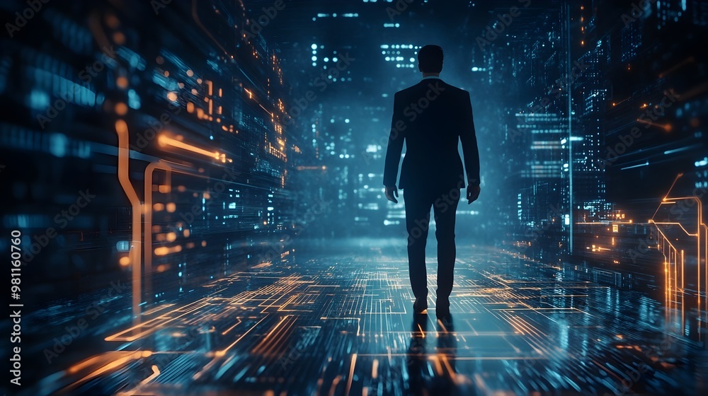 Solitary Figure Navigating Futuristic Cityscape Amid Neon Lights and Digital Landscape Solitary Figure Navigating Futuristic Cityscape Amid Neon Lights and Digital Landscape