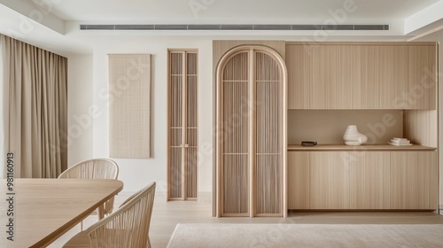 A serene dining area showcases a wooden table and chairs alongside a wall hanging  emphasizing minimalist Chinese design illuminated by bright natural light