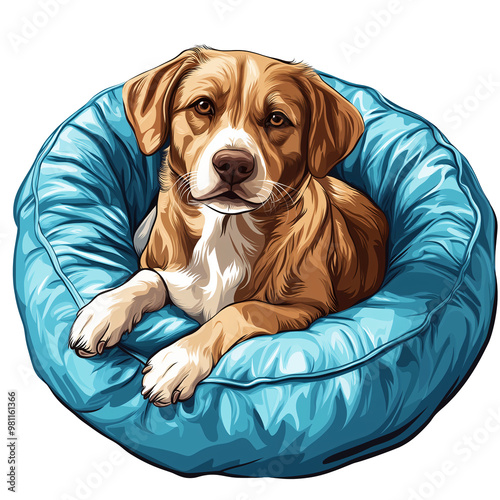 A dog is laying in a blue dog bed. The dog is brown and white. The bed is blue and has a pattern on transparent, cut out, png photo