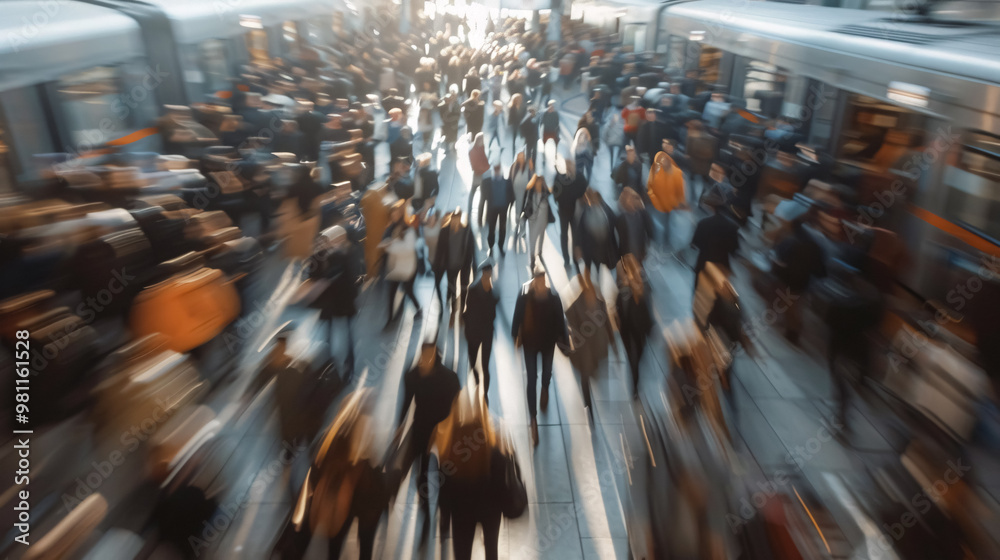 Obraz premium Crowd of people at a train station, with blurred motion of commuters