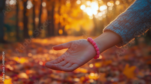 Woman Hand Wearing a Pink Bracelet Outdoors, Surrounded by Autumn Leaves, Representing Breast Cancer Awareness in a Serene Setting