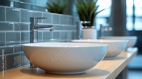 Close-up of two white porcelain sinks with chrome faucets in a modern bathroom setting. photo