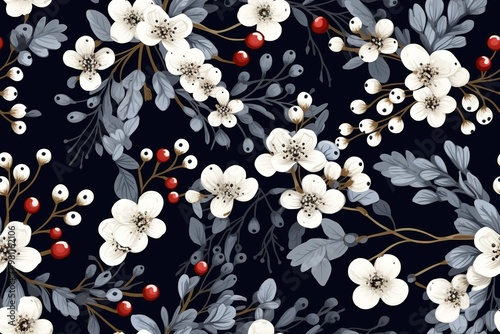 Wallpaper Mural Christmas Seamless Pattern. Coniferous branches, cones, red artificial berries, thuja branches. Pattern for wrapping paper, greeting cards, invitations, fabric, prints. Torontodigital.ca