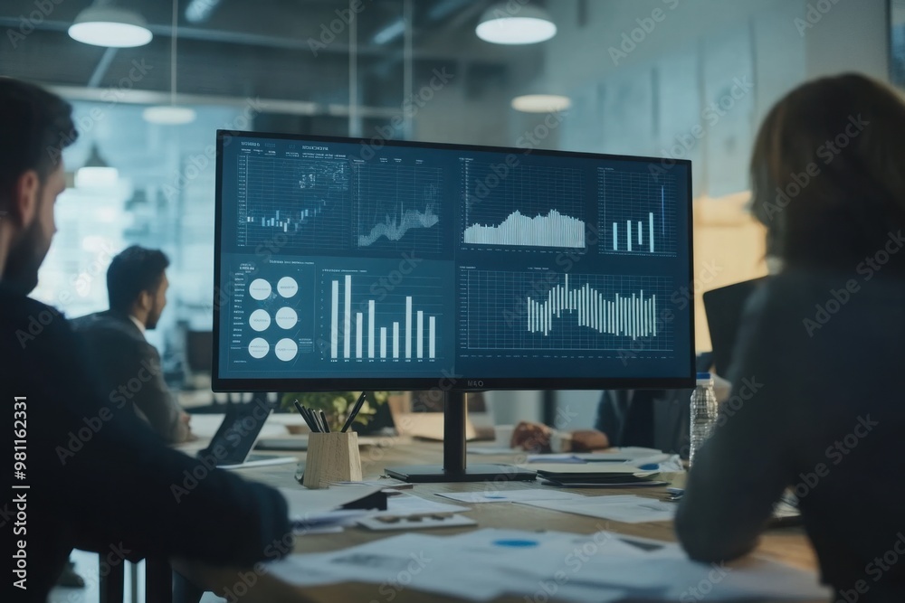 Financial Analytics Team Evaluating Data on Screens