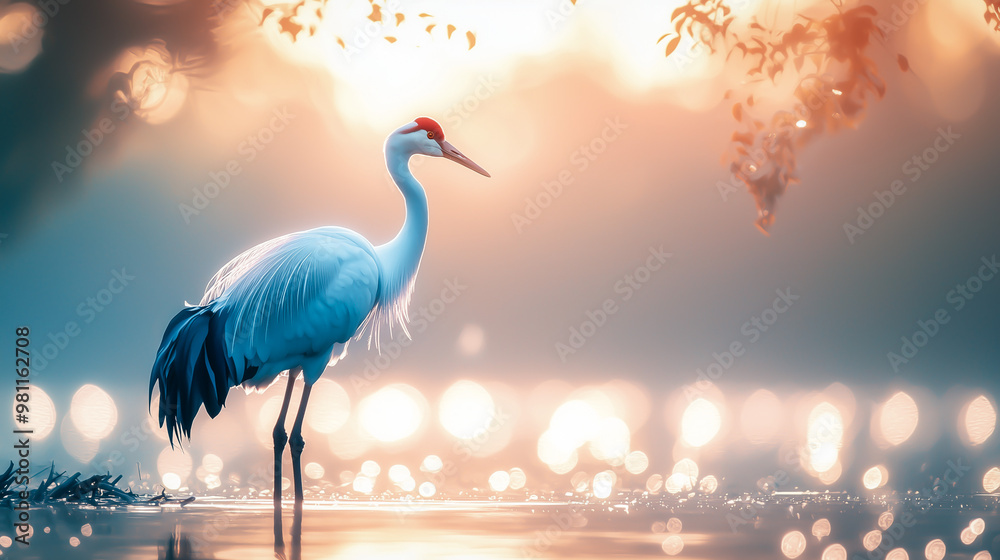 Fototapeta premium An original close-up portrait of a majestic crane, standing elegantly by a calm riverbank, with soft water reflections and gentle light in the background.