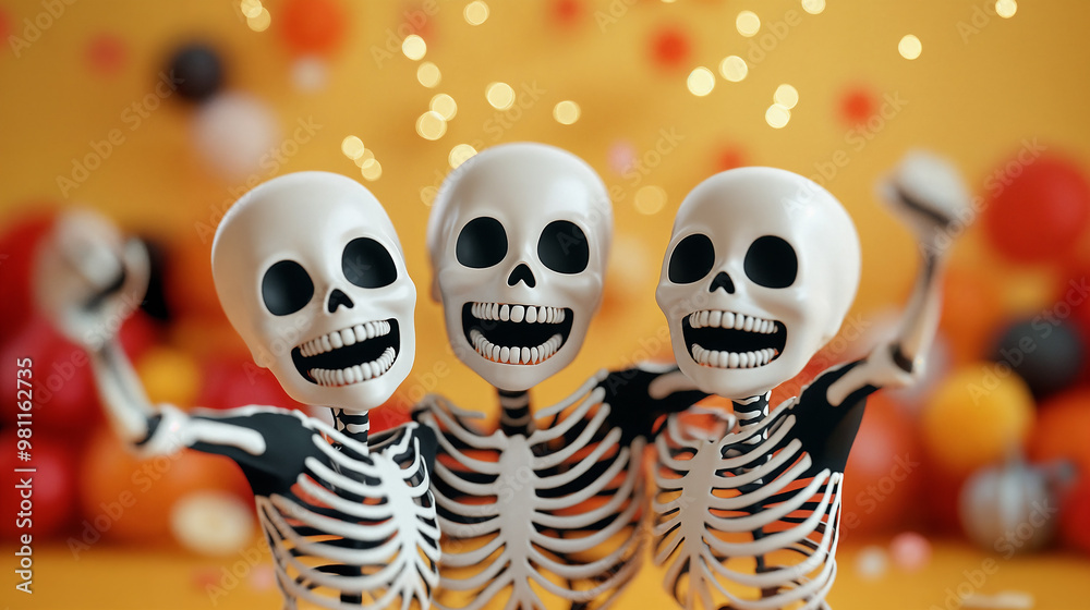 Three cute skeleton figures having fun together at a Halloween party. Three cute skeleton figures having fun together at a Halloween party.