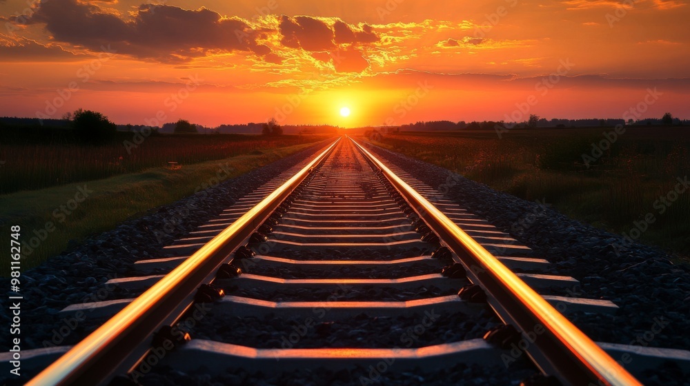A long stretch of railway tracks disappearing into the horizon at sunset, with warm orange hues reflecting off the rails, symbolizing travel, adventure, and endless possibilities.