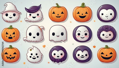 Cute Halloween Characters an adorable icon set featuring Halloween-themed characters such as a smiling ghost, friendly vampire, cheerful witch, happy jack-o'-lantern, and a cute little mummy. 