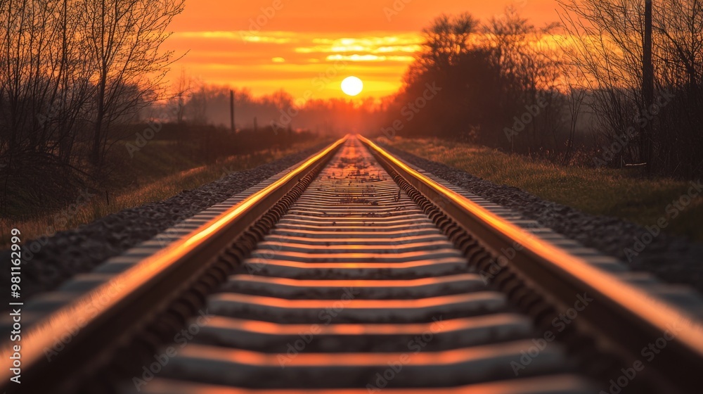 Obraz premium A long stretch of railway tracks disappearing into the horizon at sunset, with warm orange hues reflecting off the rails, symbolizing travel, adventure, and endless possibilities.