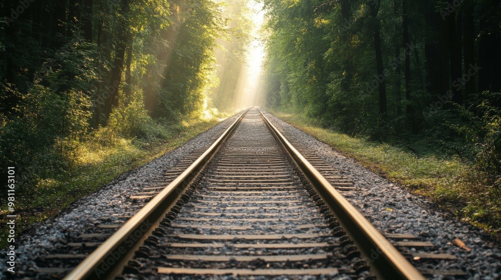 A long, straight railway track with gravel between the rails, stretching through a dense forest, with sunlight filtering through the trees, representing peaceful solitude. A long, straight railway track with gravel between the rails, stretching through a dense forest, with sunlight filtering through the trees, representing peaceful solitude.