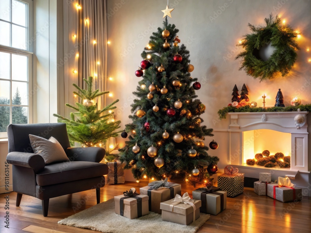 A Black Christmas tree stands tall, its branches twinkling with warm lights, adorned with festive ornaments that shimmer in the cozy living room's soft glow.