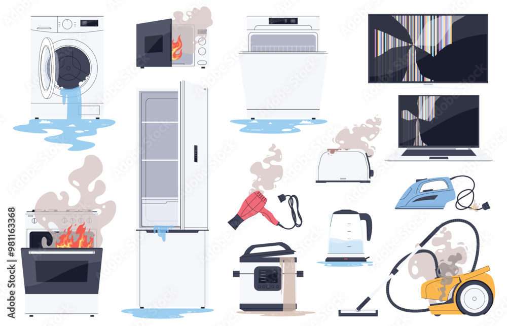 A set of broken household appliances. Leakage and electrical shorting. Repair and maintenance of household appliances. Warranty service. Vector illustration