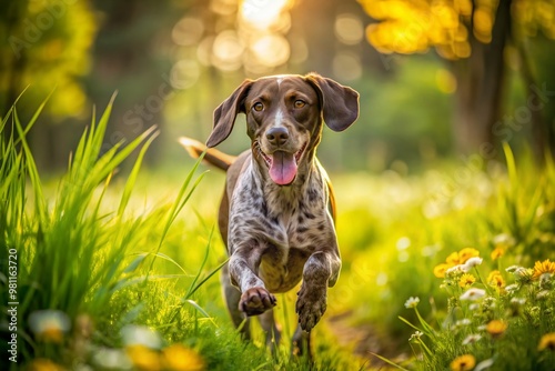 Joyful German Shorthaired Pointer runs freely through vibrant spring grass, its happy face beaming with excitement, surrounded by lush greenery on a sunny day.