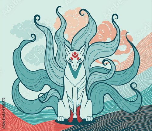 vector abstract illustration of japanese fantasy creature nine tailed fox kitsune  photo