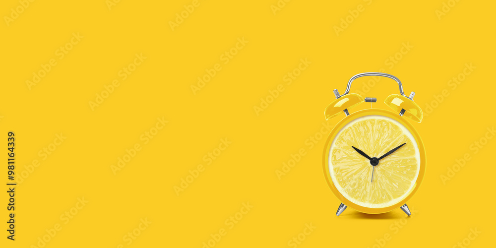 Juicy lemon on alarm clock dial against yellow background. Creative poster with space for text, banner design Juicy lemon on alarm clock dial against yellow background. Creative poster with space for text, banner design