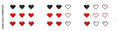 Health bar in retro game style. Pixel nubes heart icon set. Vintage isolated vector