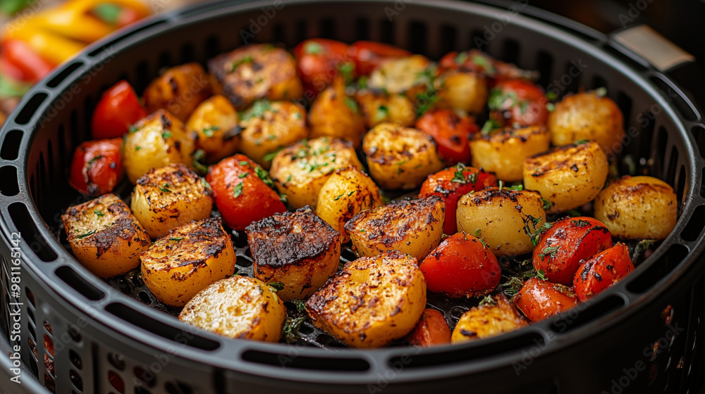 Grilled vegetables in air fryer basket, featuring potatoes and cherry tomatoes Grilled vegetables in air fryer basket, featuring potatoes and cherry tomatoes