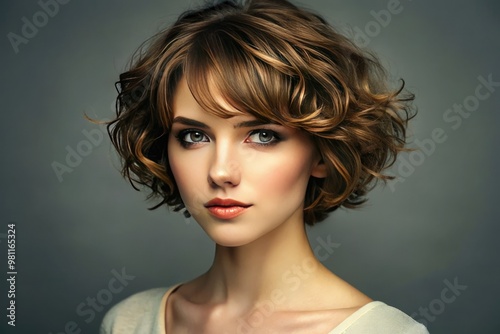 A chic and effortless look with wavy locks, choppy bangs framing the face, and textured ends adding movement and visual interest. photo