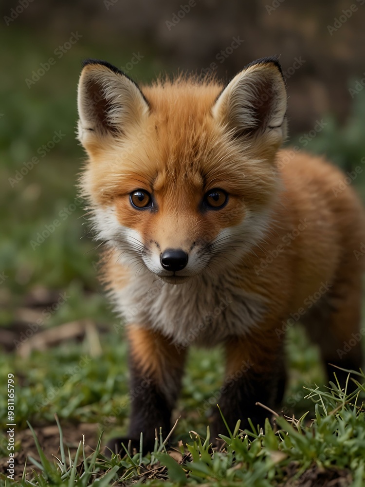 Baby fox in a park setting.