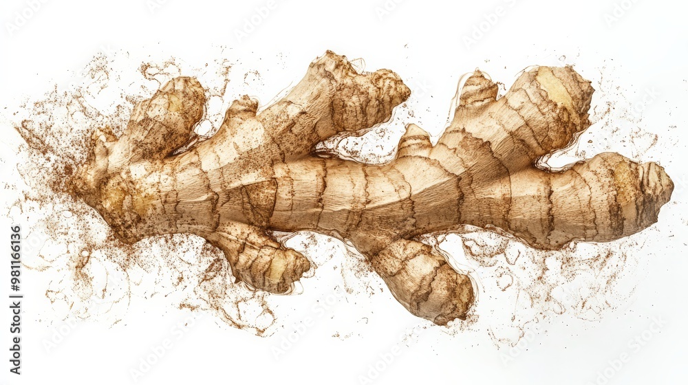 Close-up artistic photograph of a ginger root on a white background with a splash effect, showcasing its texture and natural form. Close-up artistic photograph of a ginger root on a white background with a splash effect, showcasing its texture and natural form.