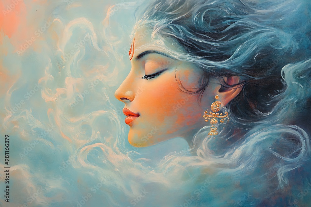 A Dreamy Portrait of a Woman with Flowing Hair, Painted in Blue and Orange Tones. A Dreamy Portrait of a Woman with Flowing Hair, Painted in Blue and Orange Tones.