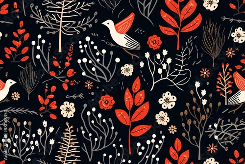 Wallpaper Mural Christmas Seamless Pattern. Coniferous branches, cones, red artificial berries, thuja branches. Pattern for wrapping paper, greeting cards, invitations, fabric, prints. Torontodigital.ca